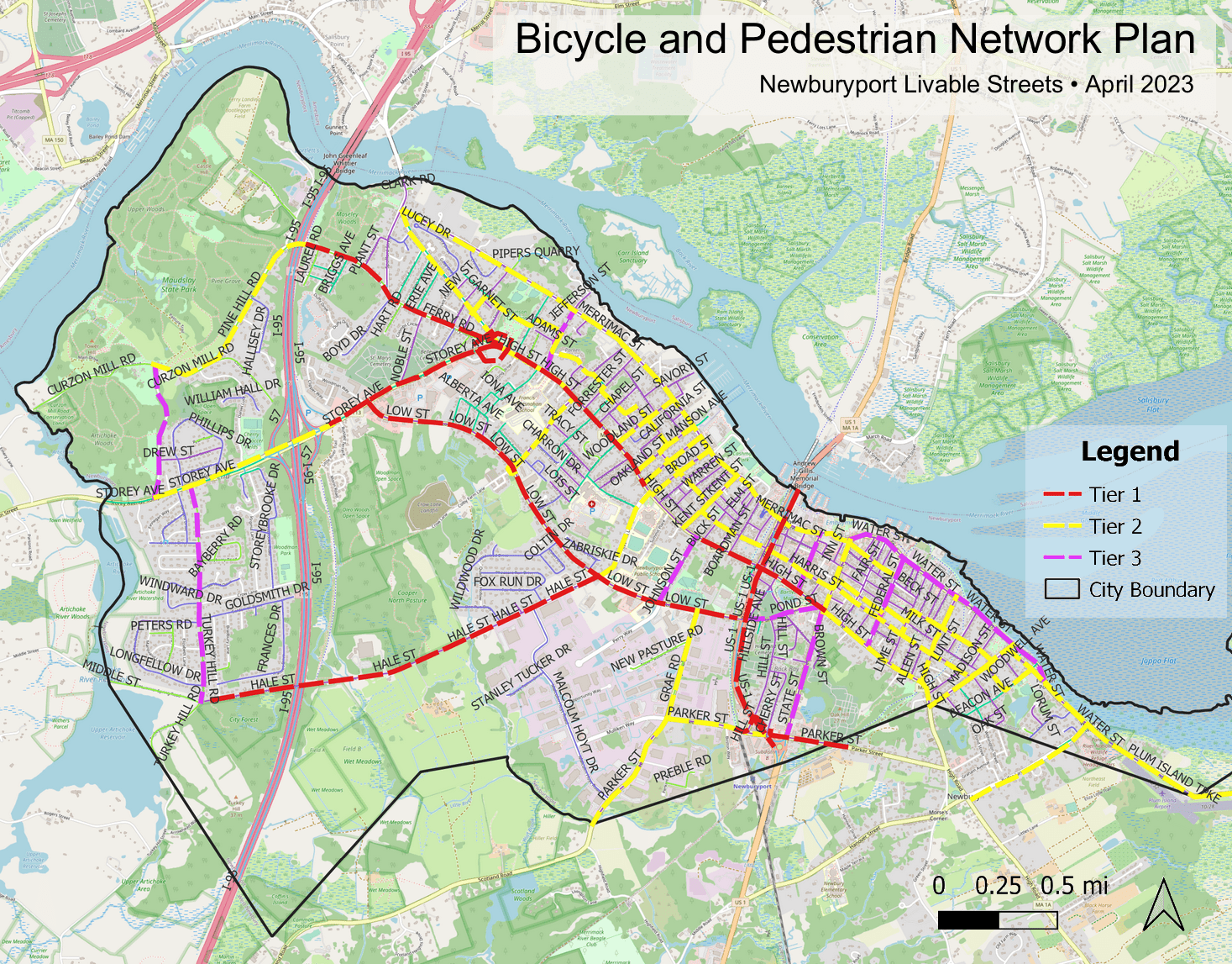 Bicycle and Pedestrian Network Plan: map of Newburyport with proposed network links, categorized as Tier 1, Tier 2 and Tier 3